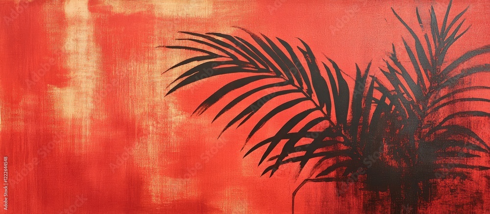 Obraz premium Black palm leaves silhouette against a vibrant red and orange textured background with soft brush strokes highlighting depth and warmth.