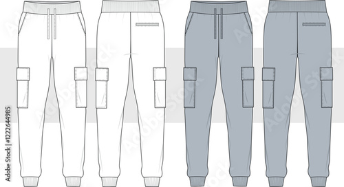 Cargo Pants fashion flat technical drawing template. Jogger Pants technical fashion Illustration, side pocket, elastic waistband, front and back view, CAD mockup set.