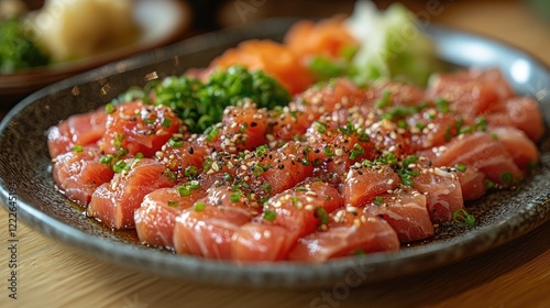A close-up image of a beautifully arranged sushi platter featuring several pieces of nigiri sushi.