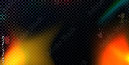 Old photo light leak overlay effect with colorful gradient. Camera film filter. Abstract retro lens flare effect on transparent background. Texture with dust and bokeh noise. Blur vector backdrop.
