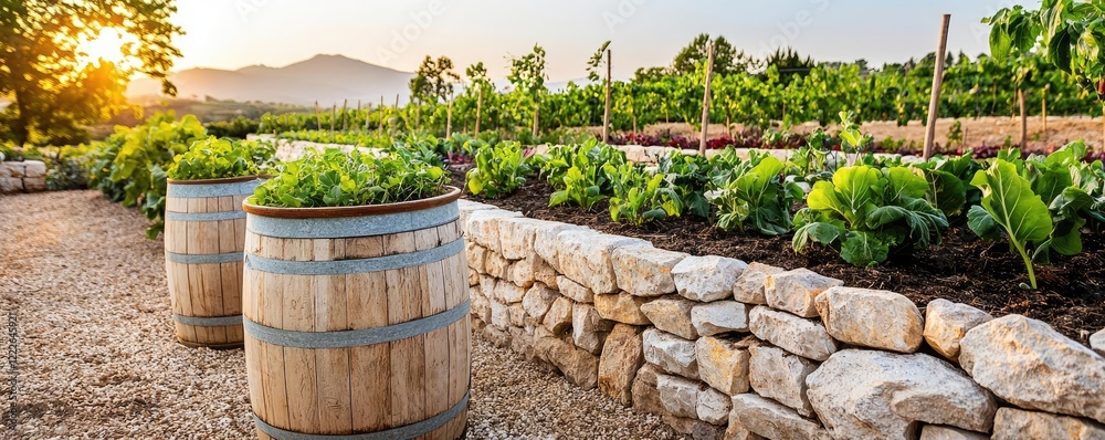 Local foods gardening idea. A beautiful garden with lush vegetables, barrels, and a scenic background at sunset. Local foods gardening idea. A beautiful garden with lush vegetables, barrels, and a scenic background at sunset.