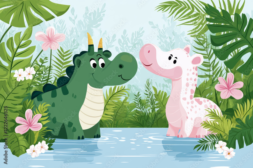 Fototapeta premium Two cute dinosaurs in lush jungle setting