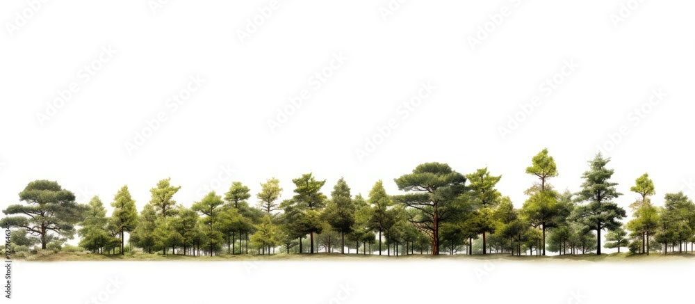 Lush treeline panorama featuring a variety of green trees against a bright white background, arranged horizontally with varied heights and textures. Lush treeline panorama featuring a variety of green trees against a bright white background, arranged horizontally with varied heights and textures.