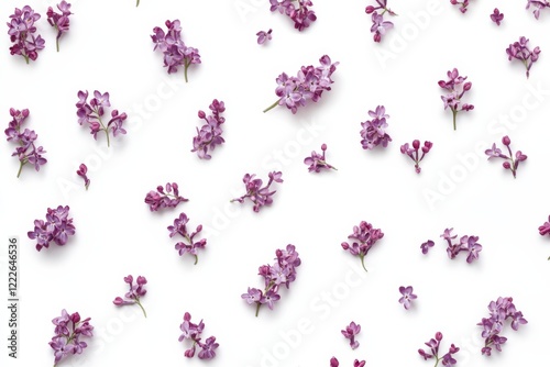 Lilac blossoms scattered artfully on a clean white backdrop showcasing natures elegance and beauty