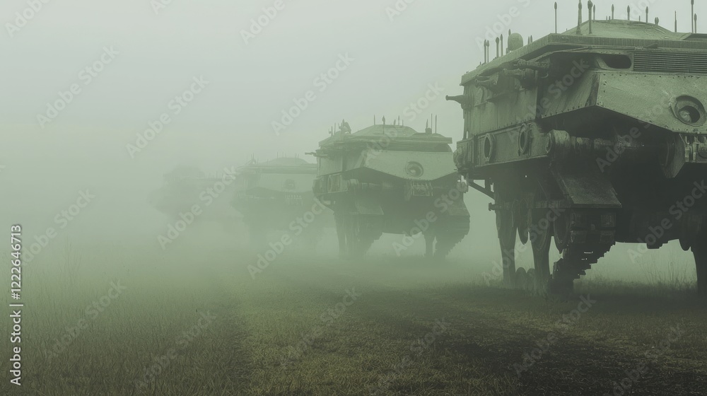 Fototapeta premium Ghostly War Machines Lined Up in Foggy Landscape