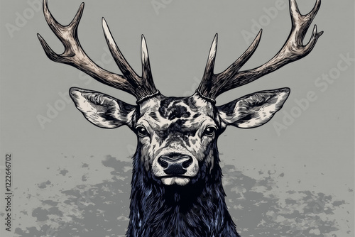 Deer with large antlers in detailed illustration photo