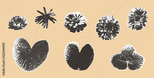 Flower and leaves photocopy collage stickers. Stippled monochrome effect florals assets. Collage paper halftone botanical element. Gazette cutouts set. Vector dotted scrapbook illustration isolated.
