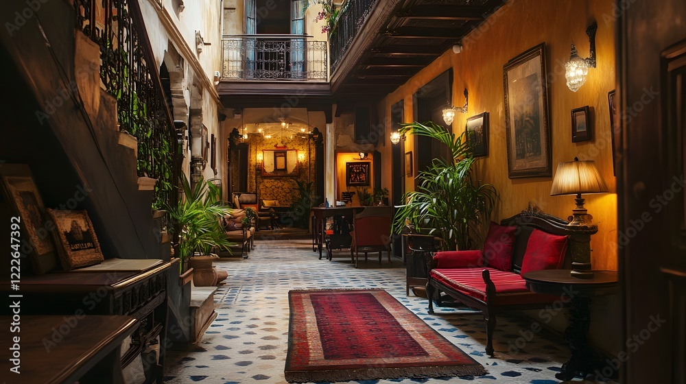 Fototapeta premium Charming indoor courtyard, cozy vintage decor with lush greenery, warm lighting creating a welcoming atmosphere.