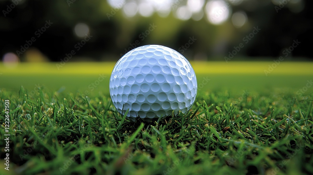 Obraz premium Golf ball resting on green grass in a sunlit park during afternoon hours