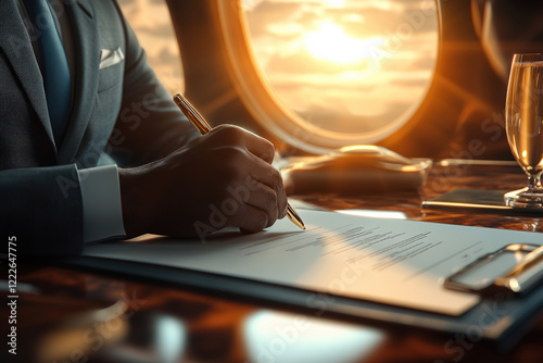Businessman Signing Document on Private Jet 