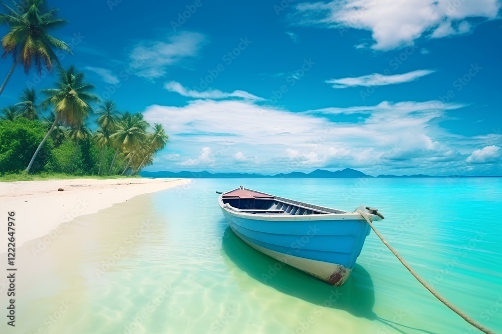 A serene boat is moored close to the shore, surrounded by the tranquil turquoise sea and a pristine sandy beach. This picturesque scene captures the essence of relaxation and coastal beauty. A serene boat is moored close to the shore, surrounded by the tranquil turquoise sea and a pristine sandy beach. This picturesque scene captures the essence of relaxation and coastal beauty.
