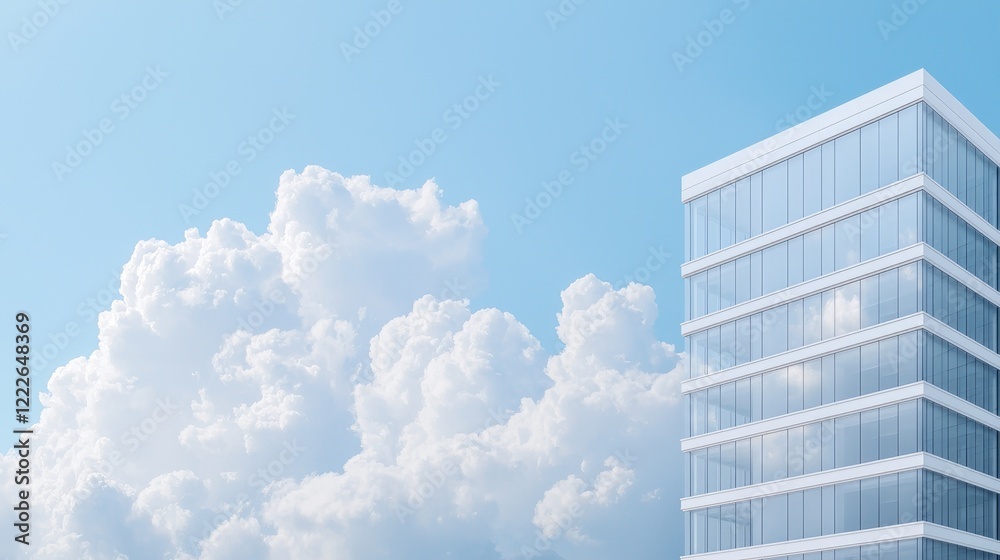 Modern glass office building under a bright blue sky with fluffy clouds. Ideal for corporate real estate Modern glass office building under a bright blue sky with fluffy clouds. Ideal for corporate real estate