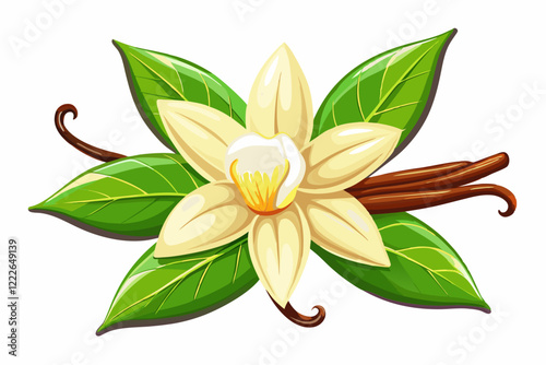 Photorealistic Vanilla Flowers and Beans with Creamy Petals and Green Leaves on a White Background