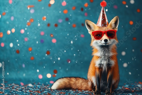 funny animal birthday celebration concept, sweet fluffy red fox in festive party hat and sunglasses sitting on blue with confetti background with copy space photo