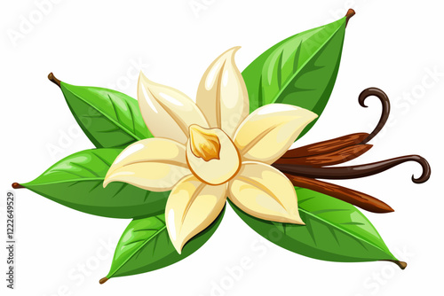 Photorealistic Vanilla Flowers and Beans with Creamy Petals and Green Leaves on a White Background