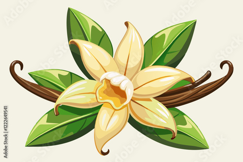 Photorealistic Vanilla Flowers and Beans with Creamy Petals and Green Leaves on a White Background