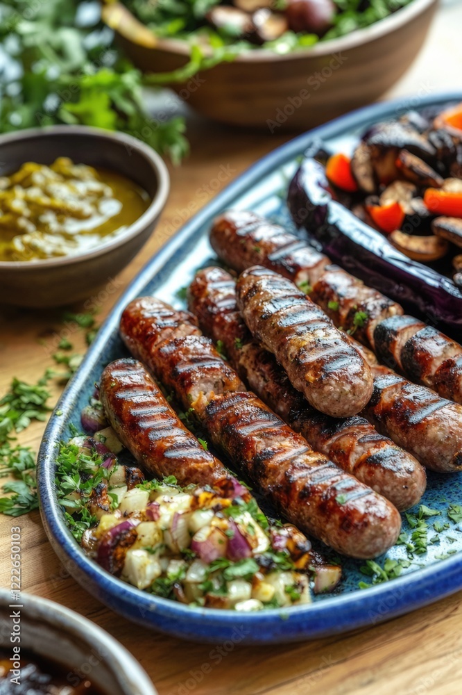An appealing presentation of grilled sausages complemented by a variety of colorful grilled vegetables, creating a well-rounded dish for any outdoor gathering or meal. An appealing presentation of grilled sausages complemented by a variety of colorful grilled vegetables, creating a well-rounded dish for any outdoor gathering or meal.