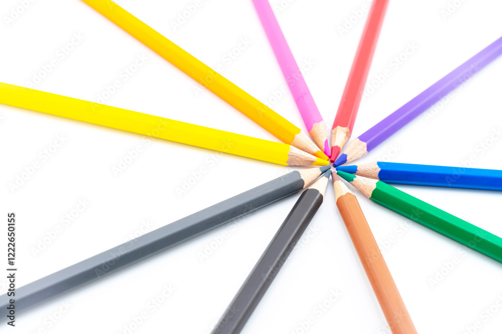 Colourful wooden colored pencils isolated on white background with copy space Colourful wooden colored pencils isolated on white background with copy space