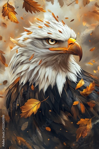 vertical abstract oil acrylic painting on canvas eagle portrait with golden leaves around, textured rough brushstrokes background