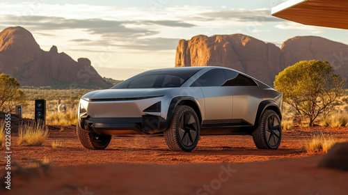 Modern SUV in rugged landscape.