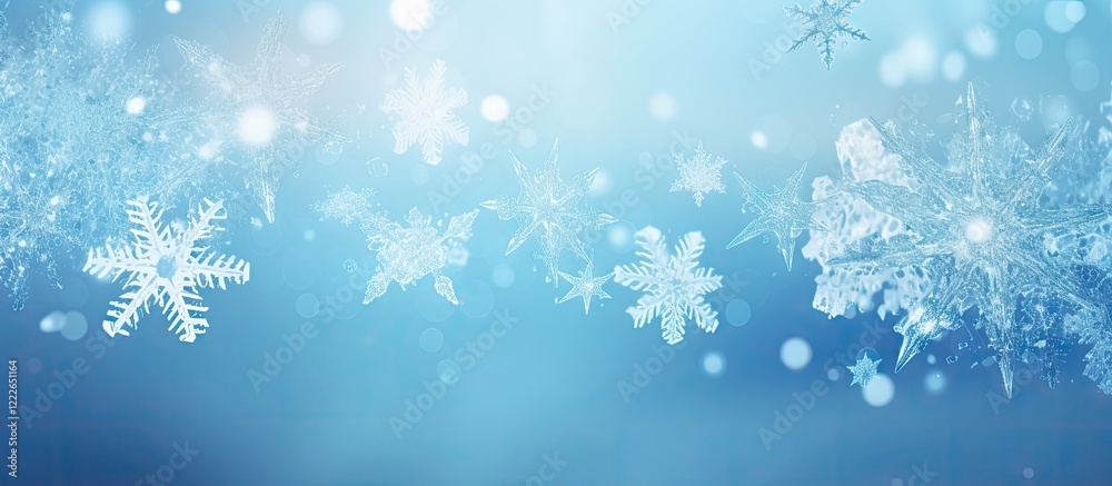 Snowflakes in white delicately overlay a serene blue background with subtle bokeh effects, creating a tranquil winter ambiance. Snowflakes in white delicately overlay a serene blue background with subtle bokeh effects, creating a tranquil winter ambiance.