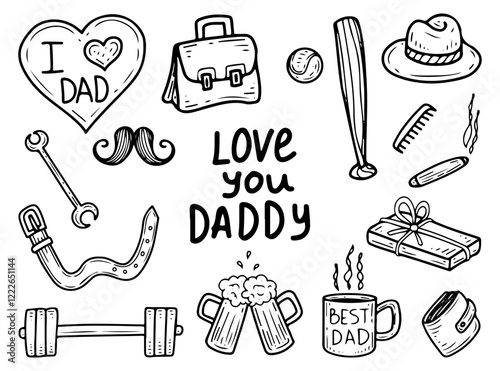 Set I love you Daddy hand drawn doodle. Happy Father's Day. Celebrating the best dad. Men's gifts, ball, bat, tool, hat, mustache, belt, beer. Fatherhood. Masculine. Vector line art illustration.