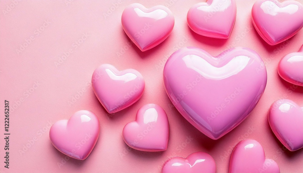 Fototapeta premium A romantic background with pink 3D hearts set against a pink backdrop, offering space for your personalized message