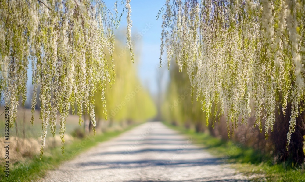 Fototapeta premium Defocused spring landscape. Beautiful nature with flowering willow branches and rural road against blue sky and bright sunlight, soft focus. Ultra wide format.