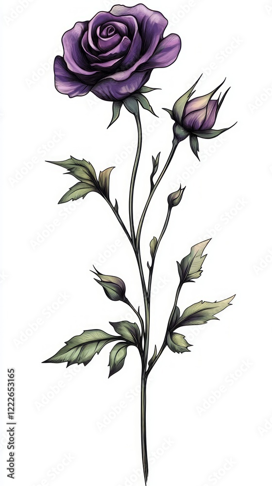 Obraz premium Stunning Purple Rose Illustration: A Detailed Botanical Floral Design for Home Decor