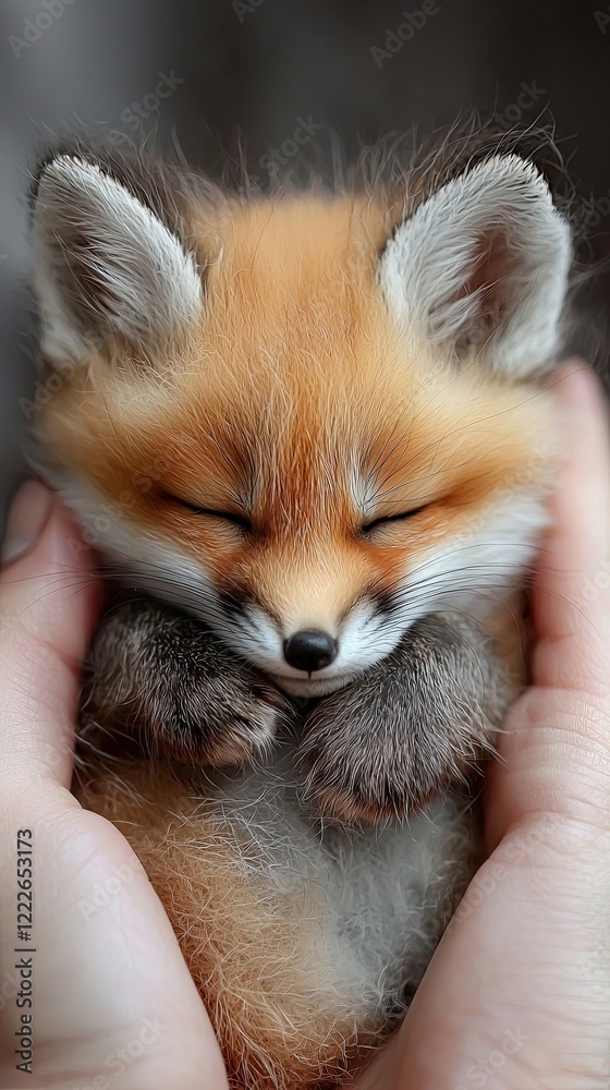 Obraz premium Cute red fox cub resting peacefully in human hands during a cozy moment