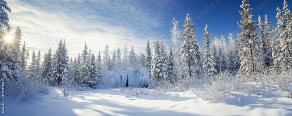 Serene winter landscape with snowy forest and clear blue sky