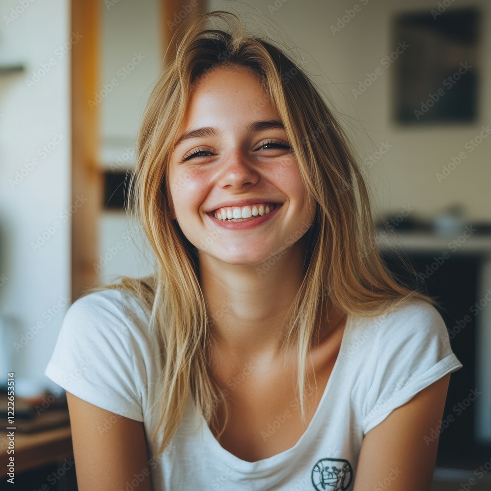 Smiling young caucasian adult female with long blonde hair in casual white shirt Smiling young caucasian adult female with long blonde hair in casual white shirt