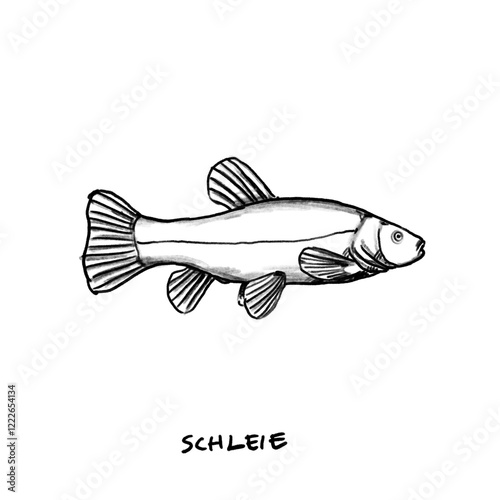 Tench, Fish, hand-drawn pencil drawing, illustration, black, transparent background, PNG, food fish photo