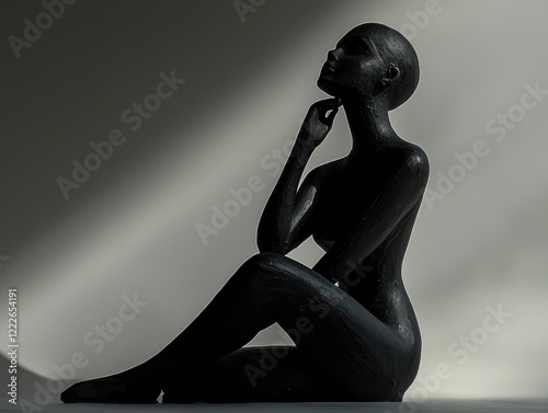 Shadowed Silhouette: A black female figure, rendered in a minimalist style, sits contemplatively in a beam of light, creating a striking contrast between darkness and illumination.