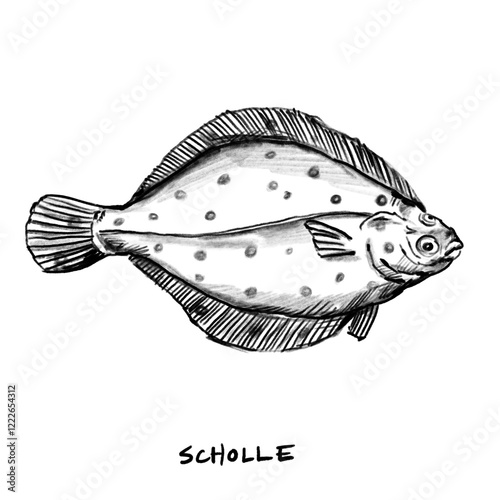 Plaice, Fish, hand-drawn pencil drawing, illustration, black, transparent background, PNG, food fish