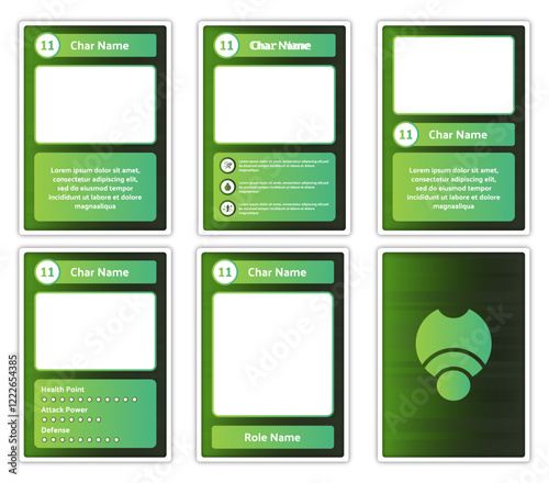 A complete set of card game templates with elegant theme and leaf green color for game material and printed card game