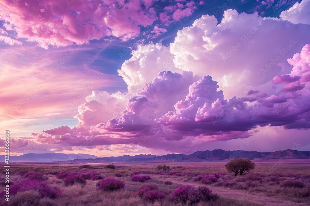 Obraz premium A Serene Sunset Landscape with Vibrant Purple Clouds and a Solitary Tree in a Field of Purple Bushes