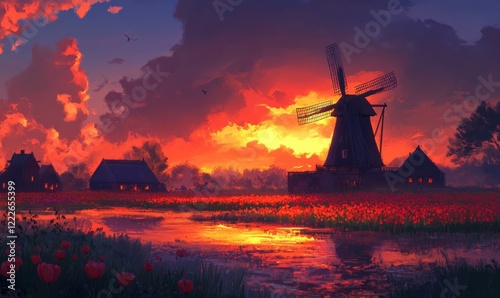 Dramatic spring scene on the tulip farm. Colorful sunset in Netherlands, Europe. photo