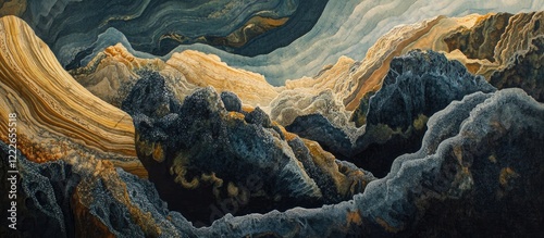 Wallpaper Mural Intricate rock mountain layers with golden hues and dark textures, enhanced by greenery in a stunning natural landscape. Torontodigital.ca