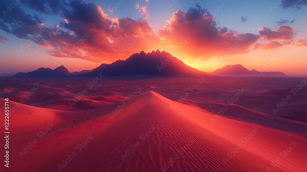 Fototapeta premium A serene desert landscape at dusk, featuring a prominent sand dune in the foreground with gently rippled textures.