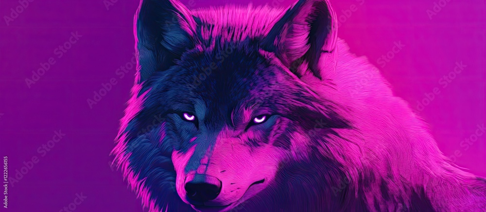 Strong wild wolf with intense gaze positioned front and center against a vibrant purple background highlighting its fierce features and wild nature. Strong wild wolf with intense gaze positioned front and center against a vibrant purple background highlighting its fierce features and wild nature.