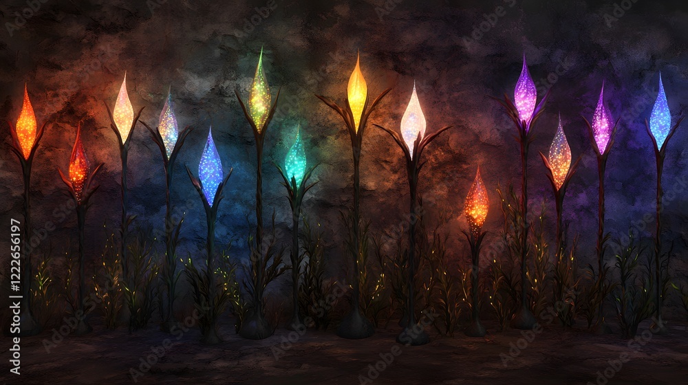 Fototapeta premium Luminous Fantasy Plants Glowing in Dark Cave