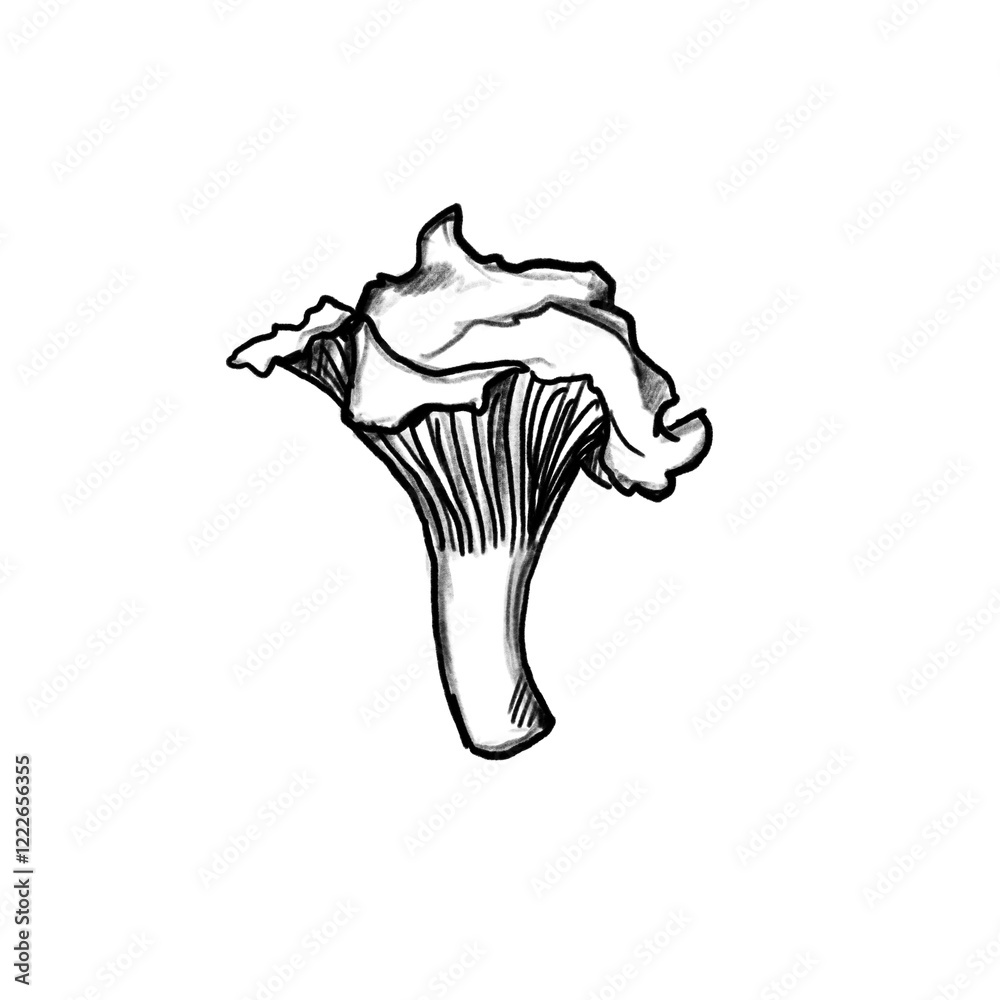 Fototapeta premium Chanterelle mushroom, Vegetable, kitchen, cooking, dish, delicious, recipe, menu, food, healthy, fit, hand-drawn pencil drawing, illustration, black, transparent background, PNG
