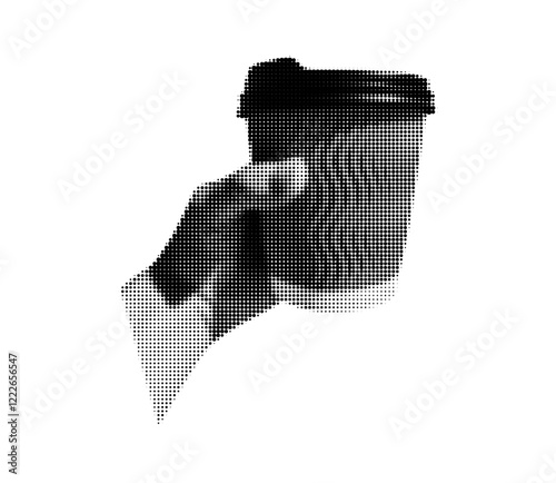 Hand holding a coffee cup in vintage halftone style. Coffee to go dotted element for retro collage design, projects. Hot drink pop art illustration.