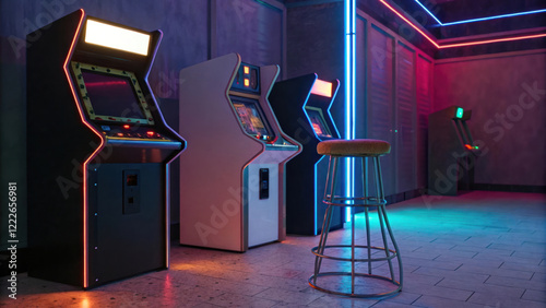 Retro arcade setup with glowing machines and stool in dimly lit room photo