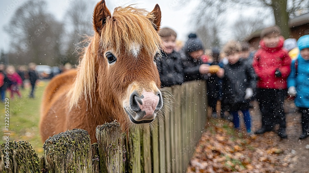Fototapeta premium Children interact with a pony at a farm during a school outing on a chilly day