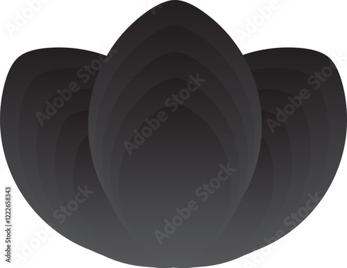 three shapes like black petals or water droplets arranged overlapping each other on a white background.