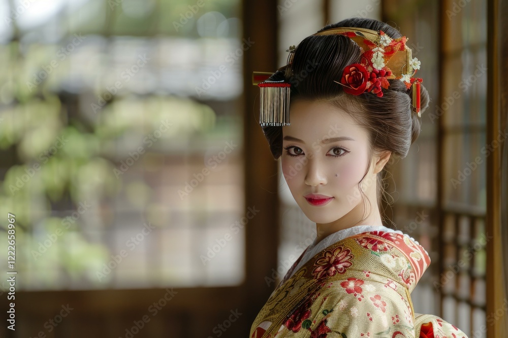 Fototapeta premium Young japanese woman wearing an elegant kimono and elaborate hairstyle posing in a serene temple