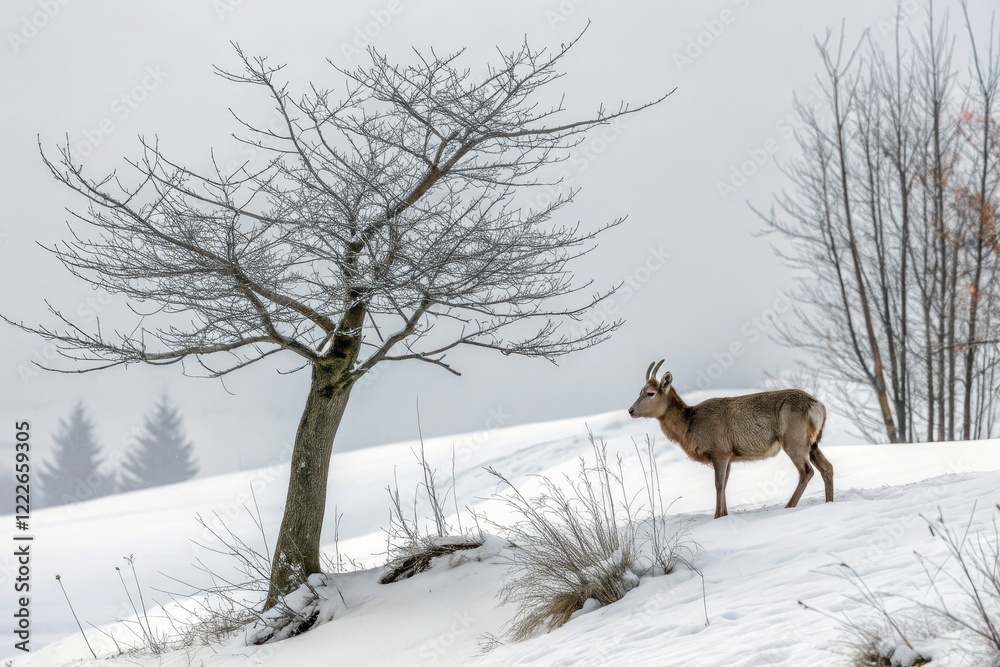 A solitary deer stands gracefully amidst a snow-covered landscape, a stark winter tree providing a backdrop A solitary deer stands gracefully amidst a snow-covered landscape, a stark winter tree providing a backdrop