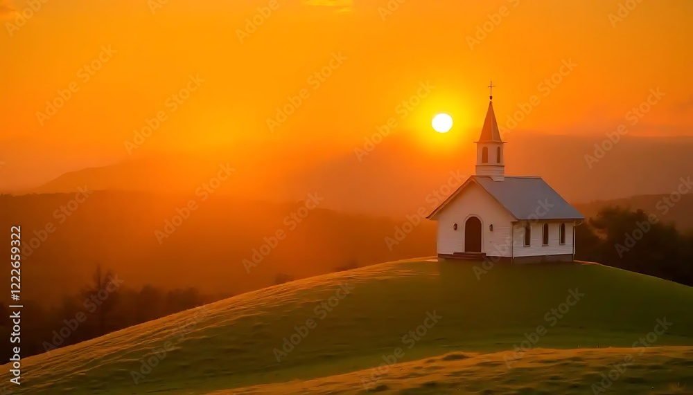 Fototapeta premium White Chapel Sunset Hilltop Scenic Landscape